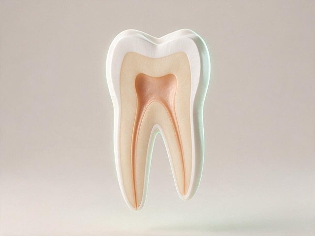 Corte de un molar que deja ver el esmalte, la dentina y los conductos de la raíz