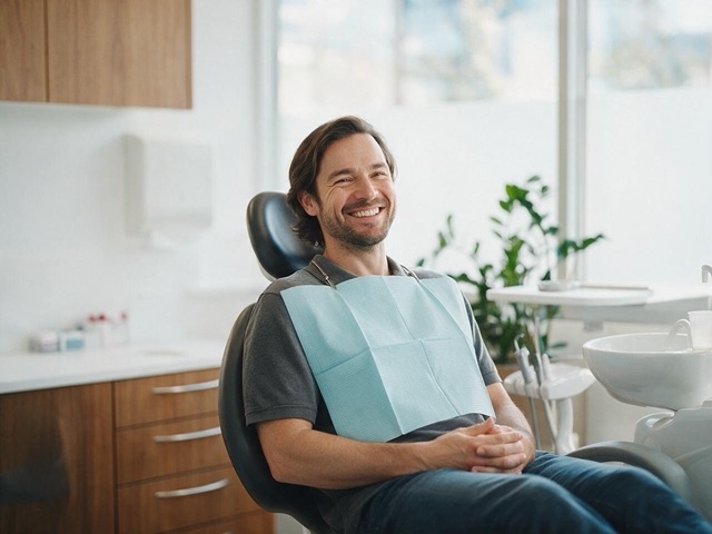 Paciente relajado y sonriente en una consulta dental luminosa