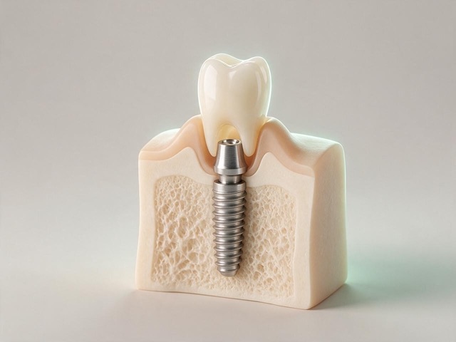 Corte de un implante dental: corona de cerámica, pilar y tornillo de titanio anclado en el hueso