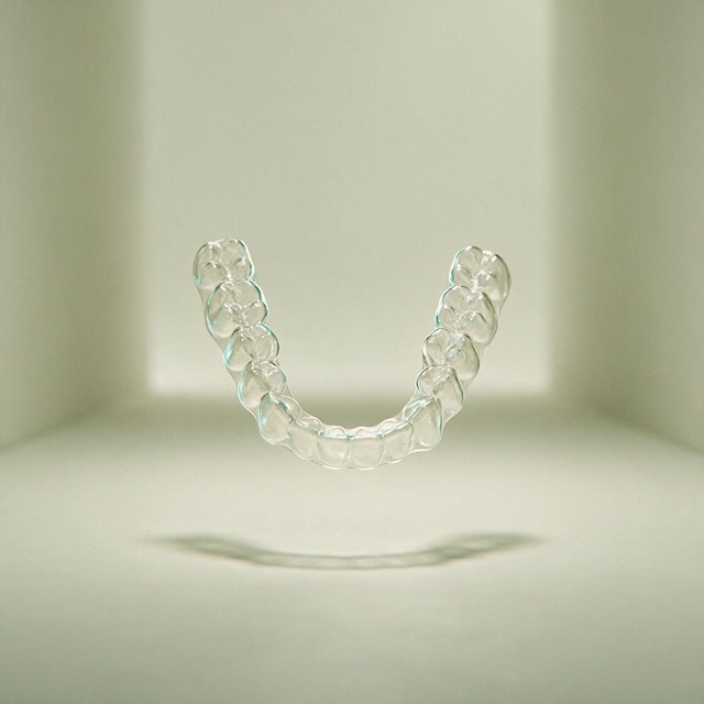 Alineador dental transparente fotografiado en estudio sobre fondo claro