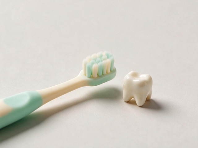 Cepillo de dientes infantil junto a una pequeña maqueta de un diente de leche