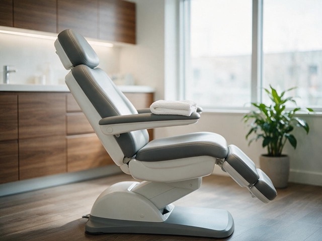 Sala de podología luminosa con sillón de tratamiento y una toalla limpia